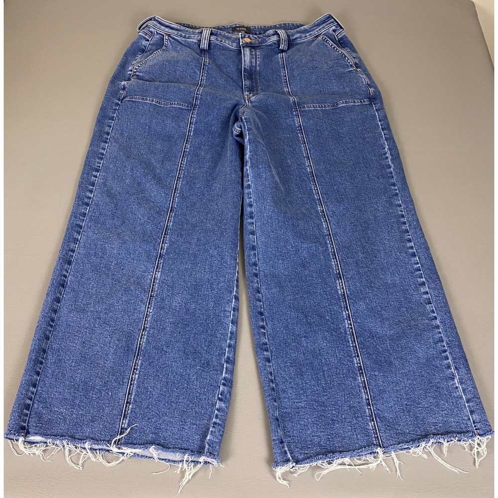 NYDJ Wide Leg Jeans Women's Plus Size 14W Blue Denim Raw Hem Front Seam Detail